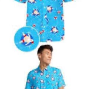 Tipsy Elves Blue Shirt with Santa Print | Men’s Sz Medium